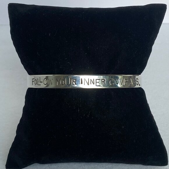 Sterling Silver 925 Stamped “Follow Your Inner Compass” Oval Cuff Bracelet 6.75" - Picture 5 of 16